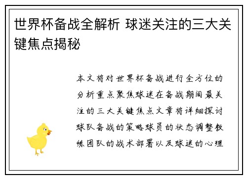 世界杯备战全解析 球迷关注的三大关键焦点揭秘